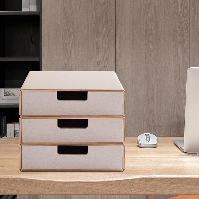 Stackable Drawer Organizer PU Leather Classic Handmade,Organize Home Office Desk Accessories and Sort Letter-Size Paper/a4 Document,Desk Caddy with Drawers Storage Box,13.1x10x3.7inches,Beige - Image 4