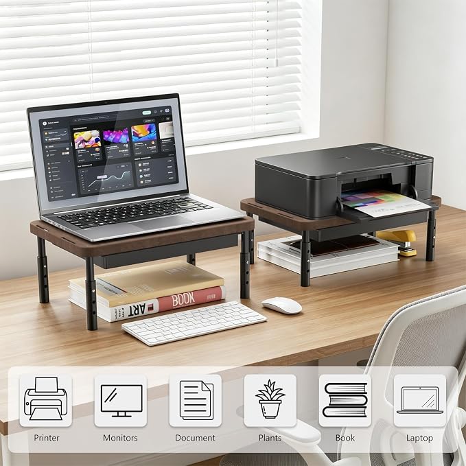WALI Plastic Computer Monitor Stand with Storage, Adjustable Laptop Riser | Laptop Riser with Airflow Vents, Desk Organizer for Computer, Printer, Notebook (PTT002-C), 1 Pack, Brown - Image 9
