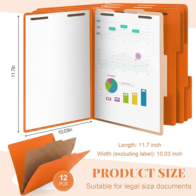 AmazingSpark 12 Pack Orange Classification Folders Letter Size, 1 Divider, 1/3-cut Tab, File Folders with Fasteners, Prongs, Expanding File Organizer Bulk for Office Employee, Coworker, Staff - Image 2