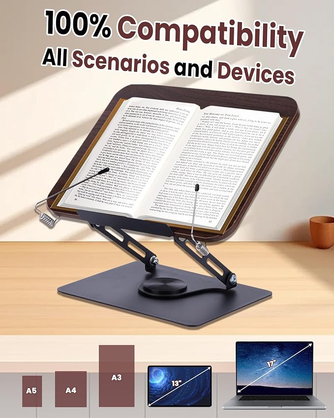 ASIEIT Book Stand for Reading, Adjustable Book Holder with 360° Rotating Bases & Elastic Page Clips, Foldable Bible Stand, Portable Reading Stand for Bible, Recipe, Magazine, Tablets, Laptops, Brown - Image 6