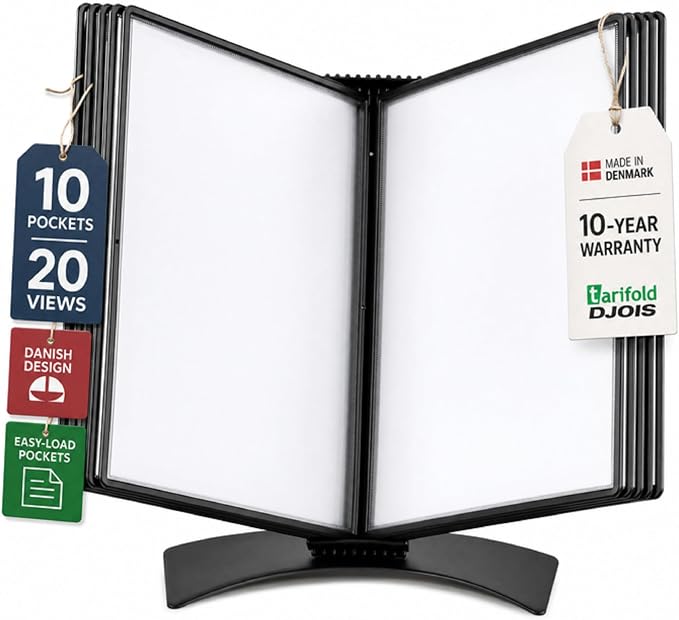 Tarifold Desktop Reference System, 10 Pockets with Easy-Load Design, Black | 10 Double-Sided Pockets, Holds 20 Letter-Size Sheets, Metal Base, Index Tabs, Easy to Assemble by TARIFOLD