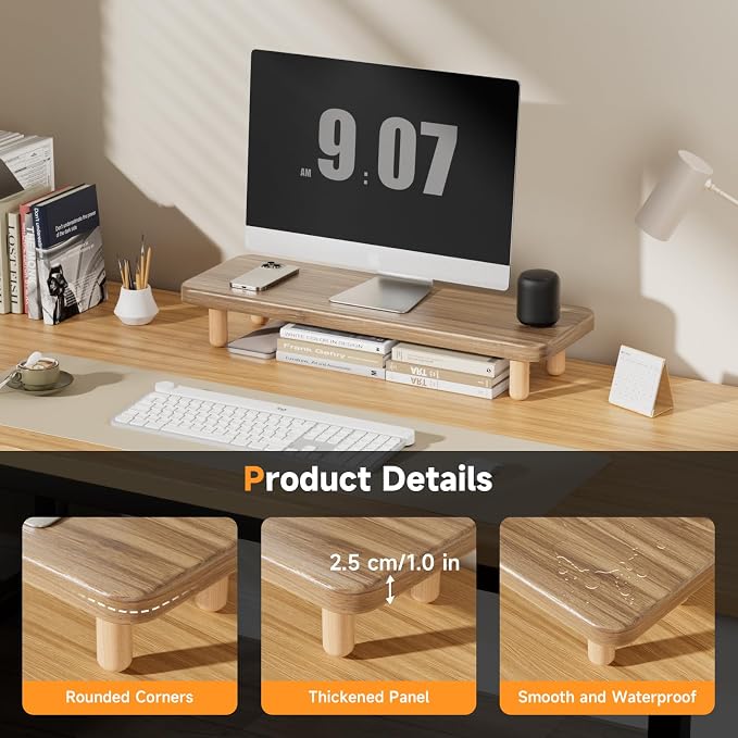 Monitor Stand Riser, 24 Inch Wood Desk Organizer with Monitor Stand & Storage Computer Monitor and Laptop Riser Multifunctional Laptop Stand Desk Organizer for Office Home Screen/Laptop/PC (Light Walnut) - Image 2