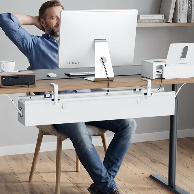 KEEGH Under Desk Cable Management Tray 36", No Drill Cord Organizer, White | Heavy Duty, Large Capacity, 3-Level Clamp Fit 0"-2.5" Desks, Clamp/Screw Mount, for Home, Office, Gaming, Room, Studio - Image 2