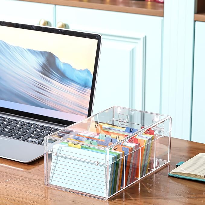 Mooliwe Index Card Holder Clear Acrylic Card Organizer 50 Pcs Divider Sheets for Desk File Note Holders, 4 Compartments Holds 600 Cards(3 x 5 Inch) - Image 2