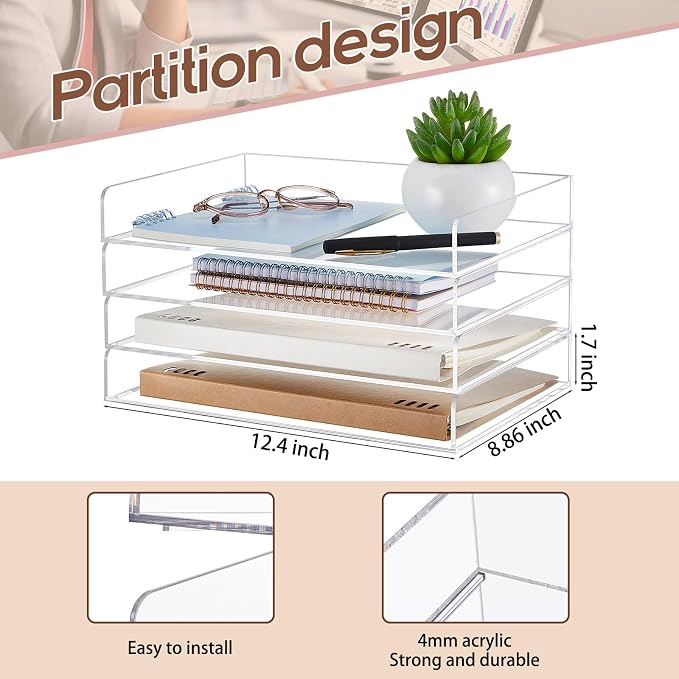 Harloon 4 Tier Paper Organizer Letter Tray Acrylic Desk File Organizer Heavy Duty Stackable Documents Clear Letter Paper Holder Sorter Office Tray for A4, Office Classroom Home File Pad Notebooks - Image 2