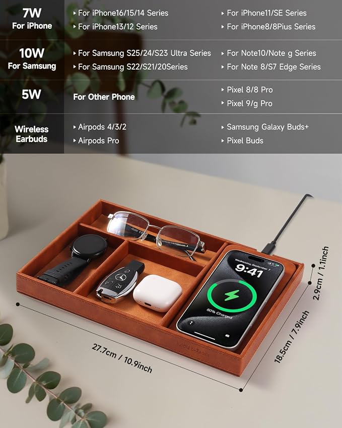 Valet Tray, Built in Wireless Charging Pad, Nightstand Organizer, Two-Toned Premium Vegan Leather Desk Bedside Caddy Organizer Tray for Keys, Watch, Wallet,Jewelry (Brown Patchwork) - Image 6