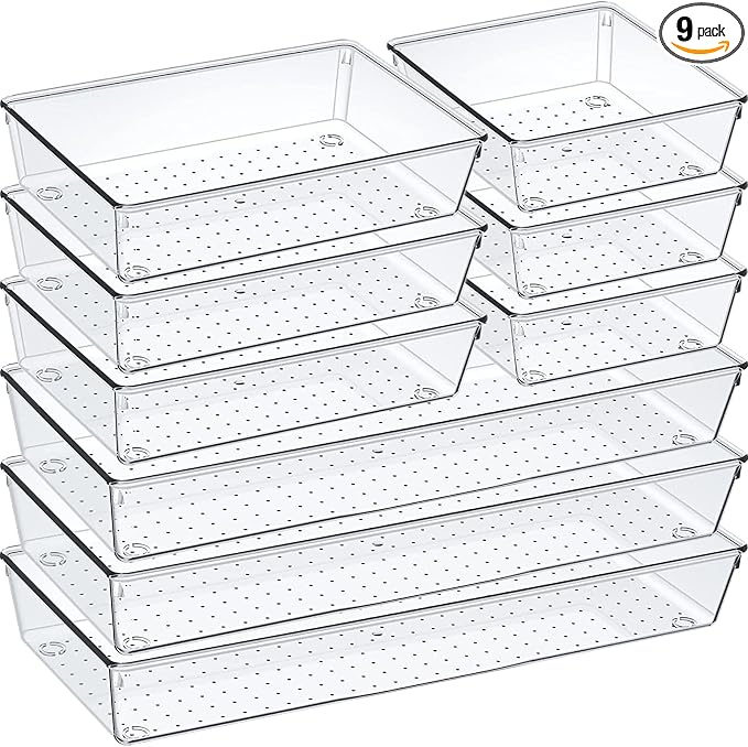 9 Pack Clear Plastic Drawer Organizer Set, Acrylic Non Slip Non Cracking Kitchen Drawer Storage Tray Large Size Divider, Multifunctional Storage for Cosmetics, Bathroom, Tools, Kitchen and Office by Criusia