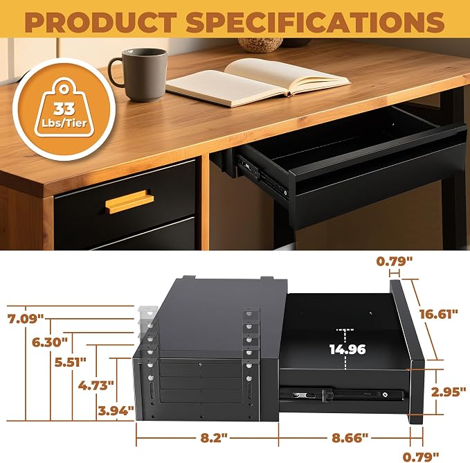 POPMOON 16.6" Under Desk Drawer, Adjustable Pull-Out Storage Organizer | Carbon Steel Under Table Drawer with 5 Height Settings, Smooth Slide Rails, Fit Flat Wooden & Standing Desks, Hold 33 Lbs - Image 2