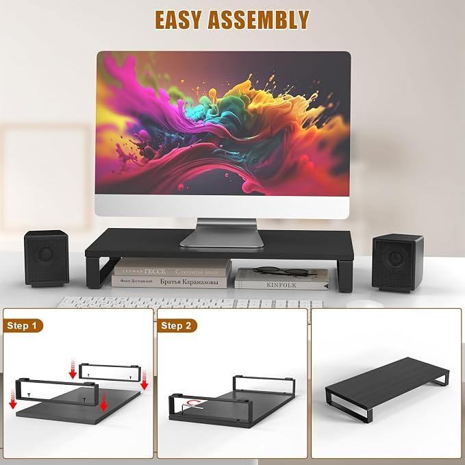 XINYAO Wood Monitor Stand Riser for Desk, 24x12x3 inch, Black | Sturdy wooden & steel computer monitor riser; ergonomic height reduces neck strain; Organizer for Office Laptop, PC, Printer - Image 3