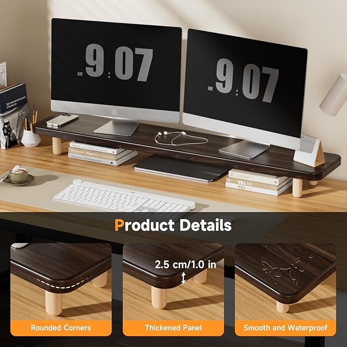 Dual Monitor Stand Riser, 39 Inch Extra Long Wooden Desktop Monitor Riser with Storage for 2 Monitors Ultra Strong Desk Shelf Organizer Riser Ergonomic for 2 Screens/Laptop/PC/TV/Printer (Dark Walnut, 39inches) - Image 2