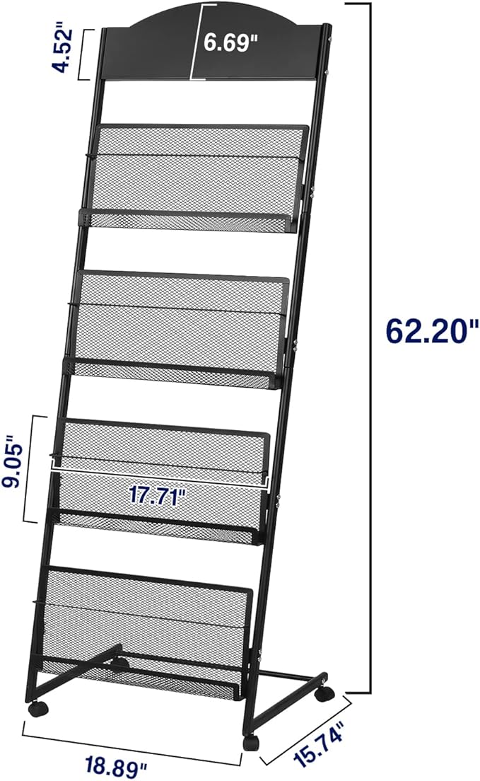 18.9''W Floor-Standing Magazine Display Rack, Rolling Journals, Brochure & Newspaper Stand, Literature Holder for Trade Shows, Exhibitions, & Offices, Black - Image 5