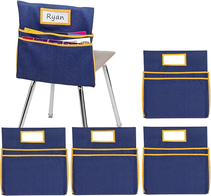 16PCS Chairback Buddy Pockets Chart with 2 Heavy Duty Storage Pocket,School Supplies Chair Back,Standard Denim Storage Organizer for Classroom Chair (Yellow) by Auchq