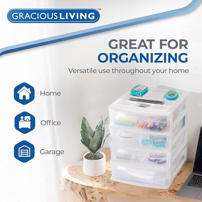 Gracious Living Drawer Organizer, 4-Tier Plastic Storage Desktop Drawers, White Frame - Stackable Clear Desk Containers & Organizers for Shelves, Bathroom, Closet, Kitchen Pantry & Office Organization - Image 5