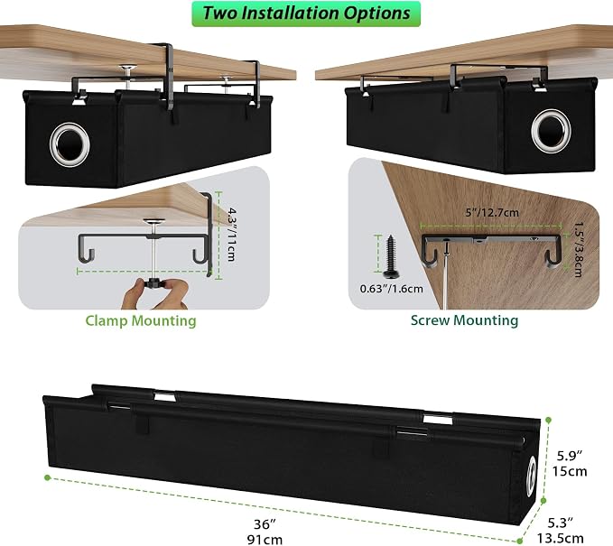 KEEGH Under Desk Cable Management Tray 36", No Drill Cord Organizer, Black | Heavy Duty, Large Capacity, 3-Level Clamp Fit 0"-2.5" Desks, Clamp/Screw Mount, for Home, Office, Gaming, Room, Studio - Image 4