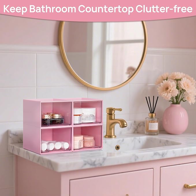 Vtopmart 4 Pack Small Clear Stackable Storage Drawers, Pink | Bathroom Makeup Accessories Organizer, Plastic Bins For Desk, Vanity, Undersink, Medicine Cabinet ,Home Organization - Image 6