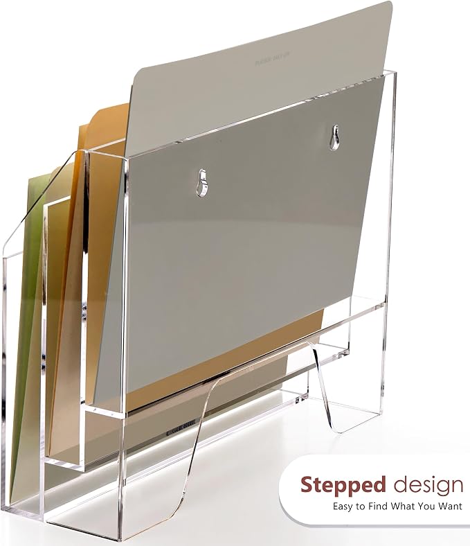 Wall Hanging File Folder Organizer for Desk, 3-Tier Acrylic Magazine Rack Wall Mount File Holder, Clear Paper Document Office Organizer - 1 Pack - Image 7