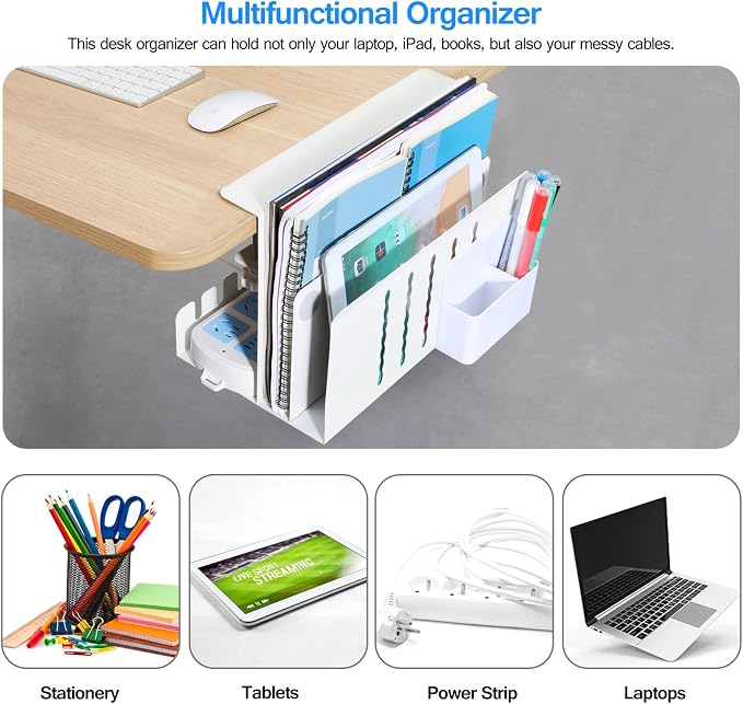 MAXECHO Desk Side Storage, Under Desk Laptop Mount, Table Side Hanging File Organizer, No Drill Clamp On Cable Management Tray, Laptop Holder with Magnetic Pen Holder for Office and Home, Load 22 Lbs - Image 3