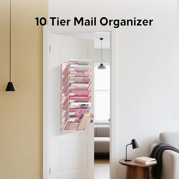 10-Tier Wall File Organizer and Hanging File Organizer, Pink | Wall Organizer and Wall Mounted File Holder with 10 Pockets and Label Panels for Files, Mail, Folders, Magazines and Paper - Image 5