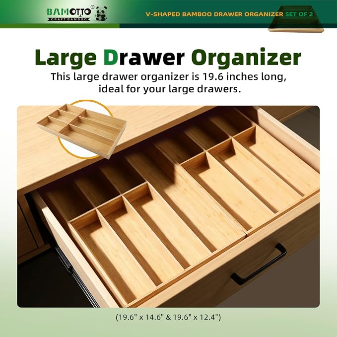 BAMOTTO CRAFTBAMBOO 13 Slot V-Shaped Bamboo Drawer Organizer Set of 2 | Cutlery Tray | Silverware & Flatware Organizer | Utensil | Kitchen & Bathroom | Extra Large 19.6"×14.6" & 19.6"×12.4" - Image 4