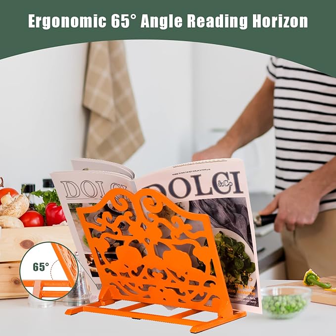 Vintage Cookbook Stand, Robust Wrought Cast Iron Recipe Book Holder for Kitchen Counter, Large Metal Cook Book Stand with Pumpkin Design, Orange - Image 3