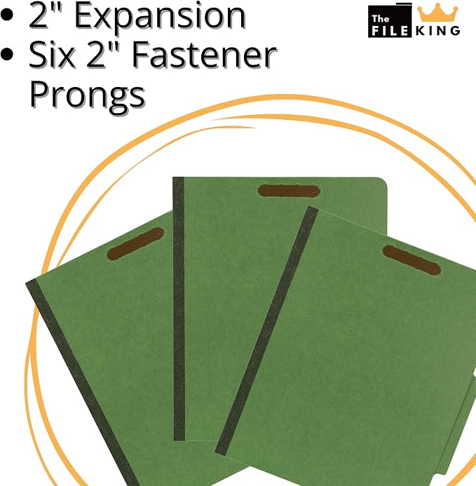 The File King Two Divider Pressboard Classification Dark Green File Folder - Letter Size | Box of 10 | 2/5 ROC Top Tab | 2” Expansion | Six 2-Inch Fastener Prongs | Made in America - Image 4