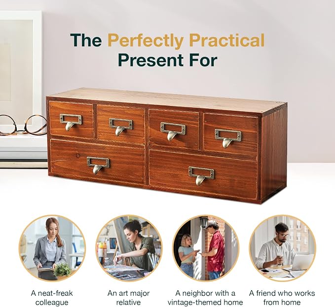 6-Drawer Vintage Desk Organizer Classic Brown Wood Storage Drawers for Tabletop - Slim Retro Style Desktop Organizing Cabinet with 6 Drawers - Office Study Table Wood Storage Box Organizer, 1-pack - Image 7