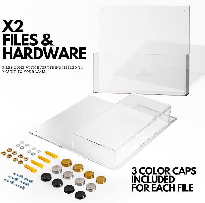 Premium Clear Acrylic Wall File Organizer 2-Pack | Mail Holder Wall Mount | Office Document Sorter with 3 Screw Cap Colors - Image 4