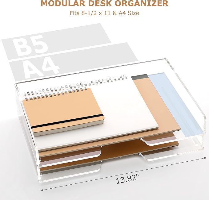 Acrylic Desk Organizer, Stackable Paper Organizer Letter Tray 4-Tier Clear | Enlarged File Organizer for Documents, Files, Letters, A4 Paper, Books, Notes, Mail & Paper Storage, Office Classroom Home - Image 4