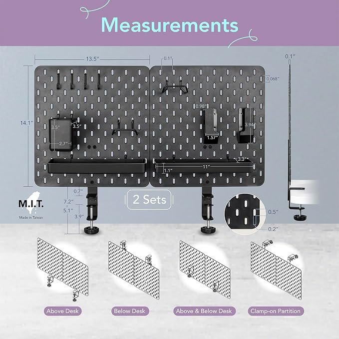 EHO Clamp-On Desk Pegboard, 2Pack (Combined Size 27 x 14 inch) Privacy Divider, Desk Partition Panel, No-Drill Desk Mounted Peg Board Organizer for Office, Gaming, Home, Black - Image 2