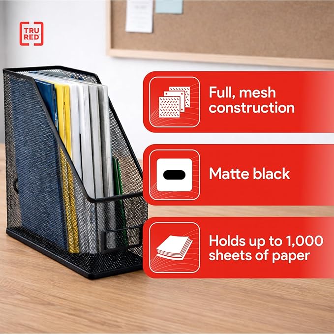 Staples TRU RED Metal Magazine File Organizer, Black - Top - Loading Desktop File Holder with Handle, Holds Up to 1000 Sheets - Image 3