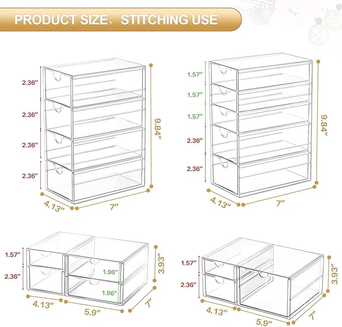 4-Pack Acrylic 16-Drawer Storage & Makeup Organizer for Desk | Smooth-glide drawers, clear acrylic, stackable, dustproof, wipe clean, for office supplies, pens, jewelry, makeup - Image 2