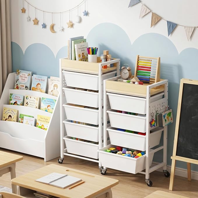5 Tier Rolling Cart with Drawers, Plastic Drawer Storage Craft Cart with Pegboards & Hooks, Metal Utility Cart with Wheels & Wooden Tabletop, Classroom Office Art Supply Organizers and Storage, White - Image 2