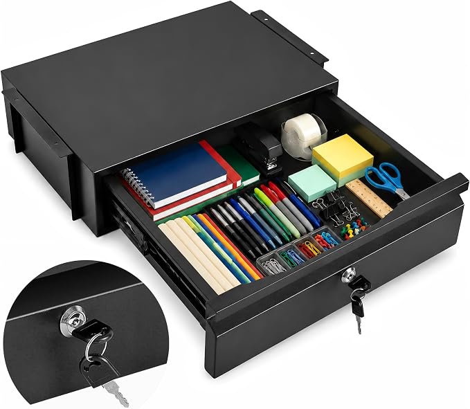 Under Desk Drawer 15.7" x 11.8" x 4.3" with Lock & Keys | Privacy Protection, Fits Framed & Unframed Desk, Smooth Slide Rail , Storage Organizer for Workbench, Office, Home by Toriexon
