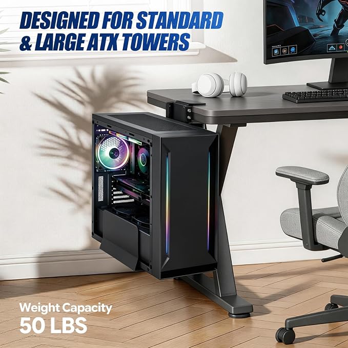 Adjustable Under Desk PC Mount, Heavy Duty No Drilling Clamp Mount on Desk Fits Most PC Tower 14.5”-22.4” (H) , Thickened & Ultra Strong CPU Holder for Standing Desk & Home Office, Black - Image 2