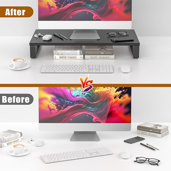 XINYAO Wood Monitor Stand Riser for Desk, 24x12x3 inch, Black | Sturdy wooden & steel computer monitor riser; ergonomic height reduces neck strain; Organizer for Office Laptop, PC, Printer - Image 5