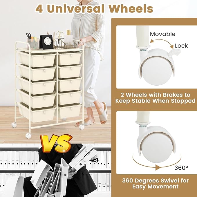 Moccha Rolling Cart with 10 Drawers - Storage Drawers Organizer with wheels for Craft Art Supply Paper Salon, Multipurpose Movable Utility Cart for Teacher Classroom, White - Image 6