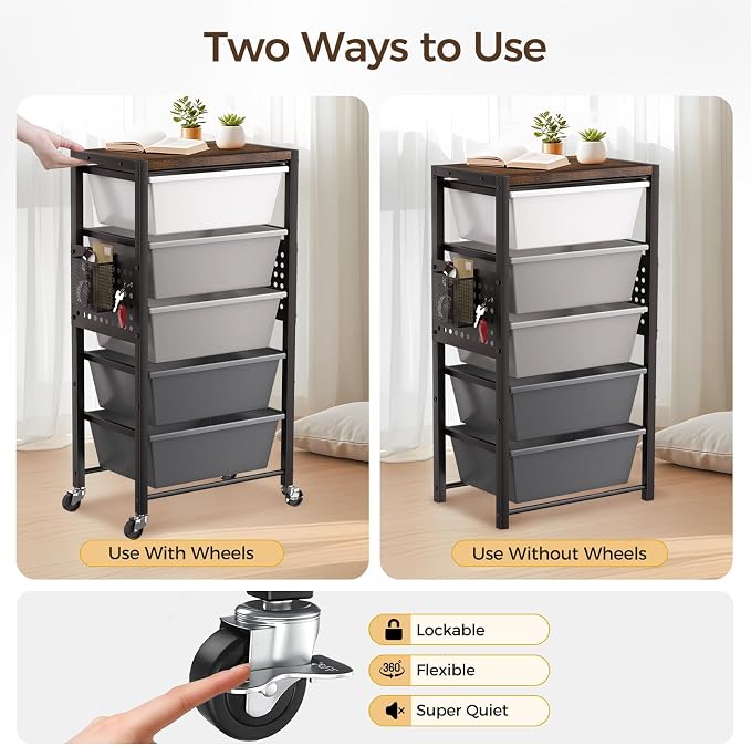Rolling Cart with 5 Drawers, Plastic Drawer Storage Carts with Wheels & Wooden Tabletop, Metal Utility Cart with Pegboards, Office Living Room Classroom Craft Organization and Storage, Dark Grey - Image 7