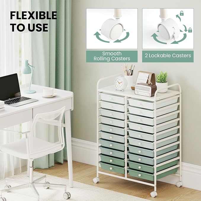 Giantex 20 Drawers Rolling Cart, Mobile Storage Drawer Cart, Classroom Organizer Cart for Office School Supplies Tools Scrapbook Paper Craft Small Printer, Utility Cart on Wheels, Green Gradient - Image 7