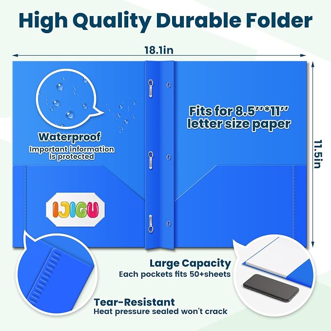 IJIGU 2 Pocket Folders with Prongs, Bulk 144 Pack, 6 Assorted Colors | 3-Prong Fasteners, Durable Heavy-Duty Plastic, Letter Size, Business Card Slot, for School Office and College Supplies - Image 3