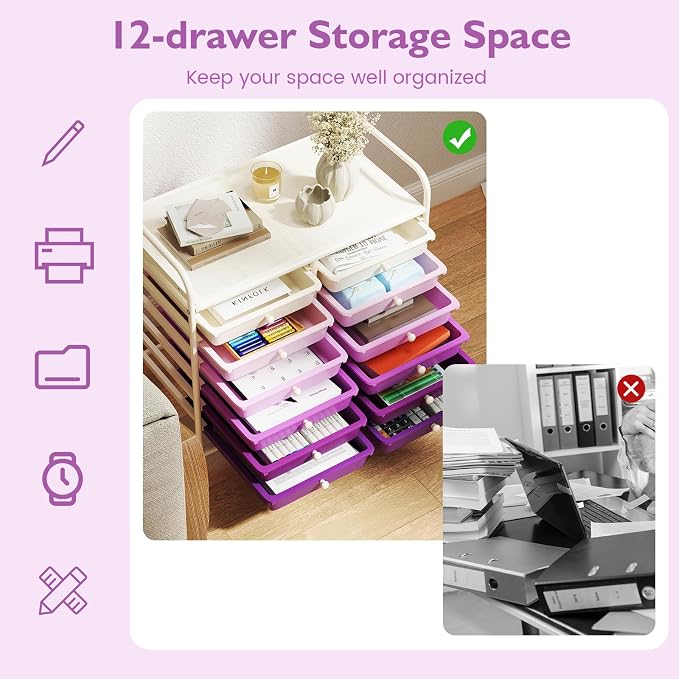 GOFLAME 12-Drawer Rolling Storage Cart, Multifunctional Art Craft Organizer Cart, Mobile Utility Storage Cart with Removable Drawers & Lockable Wheels, Craft Cart for Home Office, Purple Gradient - Image 5