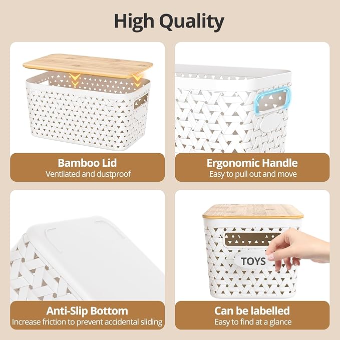 Plastic Storage Bins with Bamboo Lids, Stackable Small Box Baskets for Organizing and Containers for Shelves Drawers Desktop Closet Pantry Classroom Office Home, 4 Pack 12x7.3x6.2 Inch, White - Image 6