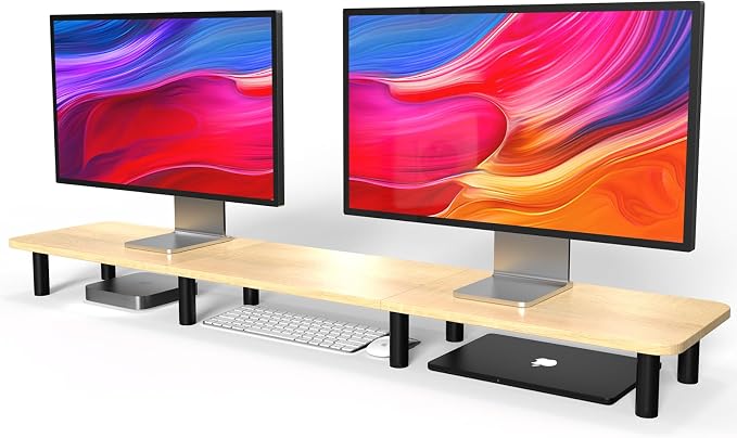 Large Extra Long Monitor Stand Riser 43.7in,Dual Monitor Riser, Wide TV Stand for 2 Monitors, Wood & Steel Leg Adjustable Height Desktop Riser, Home Office Organization. (Natural) by WEGASTU