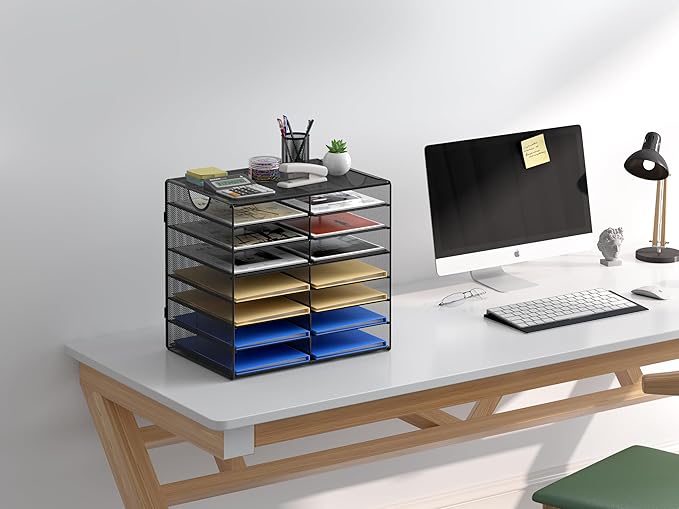 EasyPAG Paper Trays for Classroom 14 Tier Mesh Desk Organizer Shelves with Handle A4/Letter Size File Folder Organizer Shelf for Office, School, Home, Black - Image 6