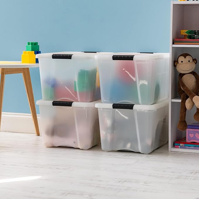 IRIS USA 4-Pack 40 Quart Storage Bins with Lids, Pearl | Conceals contents for a clean look. Perfect for moving, blankets, clothing, and garage storage. Nestable design saves space - Image 2