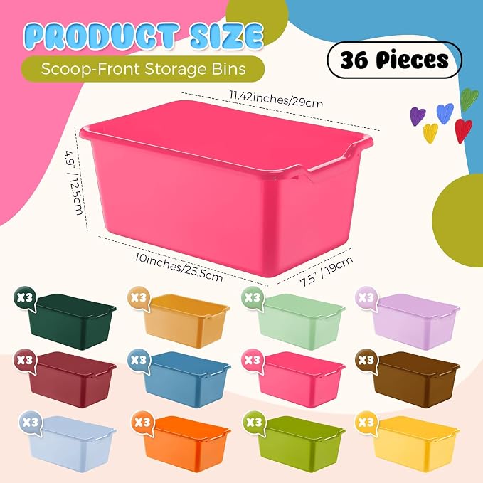 36 Pcs Plastic Book Bins for Classroom Library Colorful Scoop Front Cubby Bins Stackable Toy Storage Containers with Handles for School Home Office Nursery Daycare (Vintage Color) - Image 2