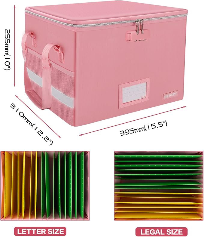 ENGPOW File Box with Lock, Fireproof Document Box with Pockets, Collapsible File Organizer Filing Storage Cabinet with Handle, Portable Home Office Safe for Hanging Letter/Legal Folders, Pink, 2 Pack - Image 5