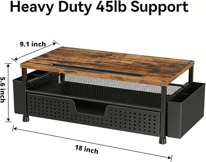 Desk Organizer and Accessories, 2-Tier Computer Monitor Stand Rise with Phone Holder, Drawer & 2 Pen Holders, Laptop & Printer Stand for Desktop, Workspace Organizers for Office Supplies (Brown Wood) - Image 2