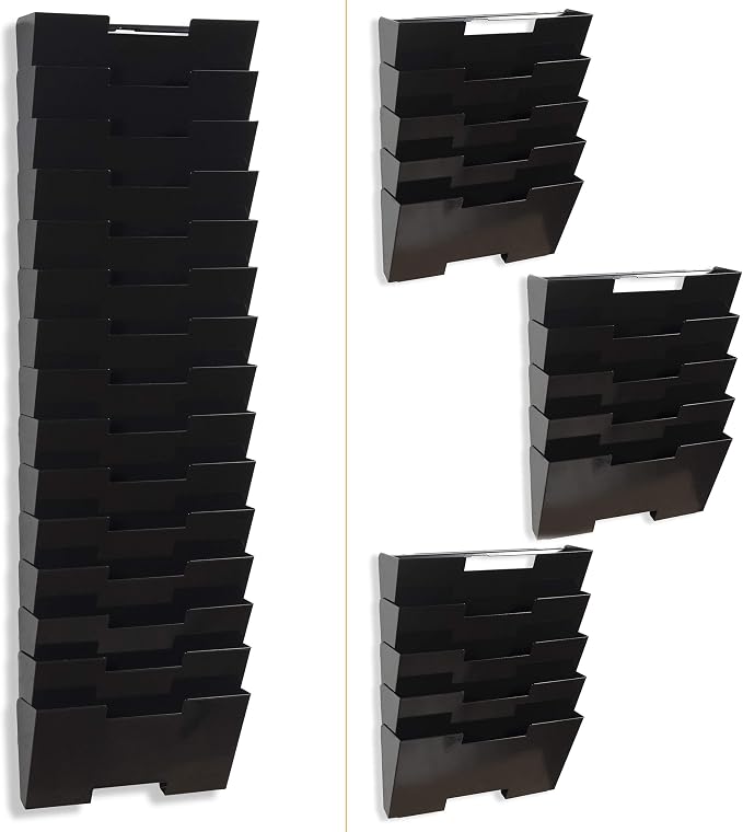 Wallniture Lisbon 15-Tier Wall Mounted File Holder and Desk Organizer, Metal Black Office Organization and Storage Rack - Image 4