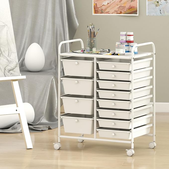 Giantex 12 Drawer Rolling Cart with Drawers, Storage Organizer Cart for Classroom Office School Teacher, Mobile Drawer Cart for Tools, Crafts, Small Printer, Ivory - Image 4