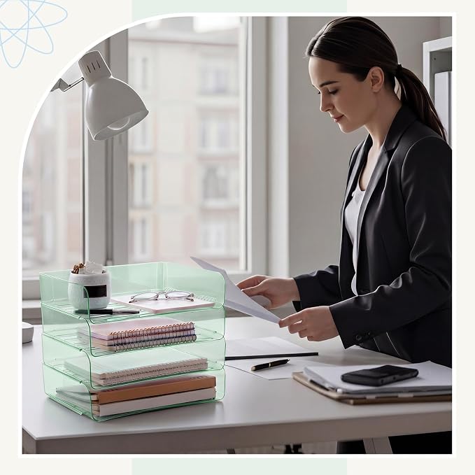 Harloon 4 Tier Clear Sage Green Acrylic Paper Organizer Letter Tray, Aesthetic Stackable Desk File Organizer Paper Holder Office Tray for A4, Modern Office Classroom Home File Pad Books Notes - Image 7